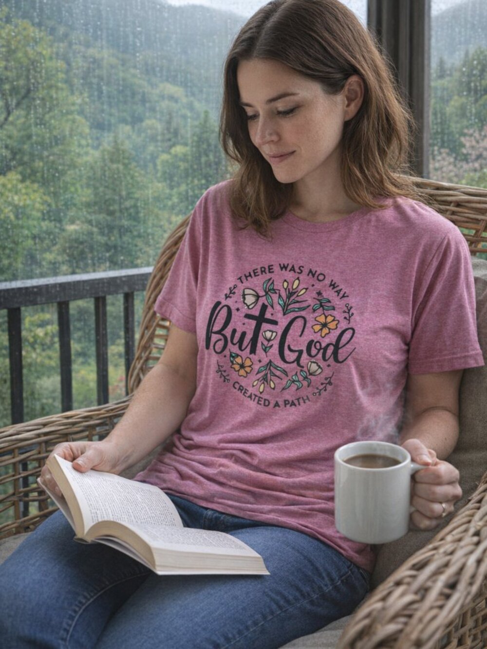New Graphic T-Shirt Faith Meets Comfort-"But God” Gildan Tee Heather Pink